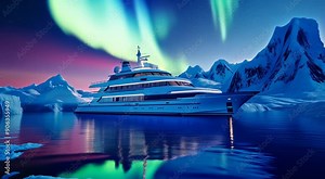 Luxury yacht sailing under a vivid aurora in a serene polar landscape with snow-covered peaks and icebergs.