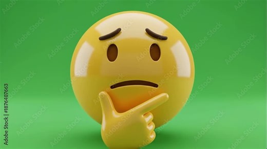3D animated thinking emoji on green screen background. Yellow face pondering with hand on chin, transitioning to a thumbs up gesture for approval. Idea and solution concept