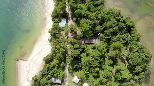 bird's-eye view drone shot of Amanohashidate pine-covered sandbar one of Japan's three famous scenic views, links both sides of Miyazu Bay in northern Kyoto Prefecture.
