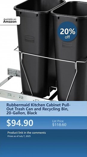 Rubbermaid Kitchen Cabinet Pull-Out Trash Can and Recycling Bin, 20-Gallon, Black