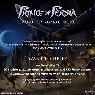 Prince of Persia – Community ProjectThe Prince of Persia community has come together to create its own project following the cancellation of the Sands of Time remake!This is not a traditional remake, but a large-scale mod aiming to replace most 3D models with high-quality assets and introduce global illumination through path tracing technology.We’re working on an official website — stay tuned!Current Status:Early development⏳About the Project:🔹 Public and community-driven🔹 Fully playable🔹 Foc