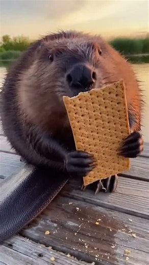 Hungry Beaver eats norwegian crispbread