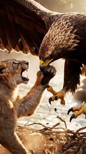 Epic Predator Clash: Golden Eagle Confronts Lion Cub at Nest 🦅🦁