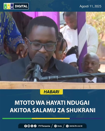#HABARI: Mtoto wa Hayati Spika Mstaafu, Job Ndugai, Yustino Job Ndugai akitoa salamu za shukrani kwenye shughuli ya maziko inayofanyika katika Kitongoji cha Mandumbwa kilichopo Kijiji na Kata ya Sejeli wilayani Kongwa mkoani Dodoma leo Agosti 11, 2025. #ITVDigital #ITVUpdates #ITVTanzania #Follow @radioonetanzania | ITV Tanzania