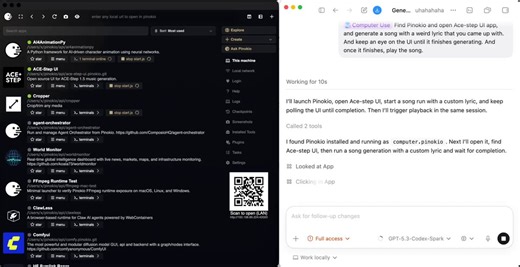 "Hey Codex, find Pinokio, open the AceStep UI app, and generate a song with weird lyrics that you come up with. Keep an eye on the UI until it finishes generating, then play the song."