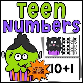 1st Grade Math Center | Halloween Cupcakes Teen Numbers Matching Cards