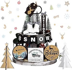 Umigy 14 Pcs Winter Tiered Tray Decor Set Winter Table Decorations Skating Shoes Xmas Tree Wooden Signs Black and White Rustic Xmas Decor Christmas Table Centerpieces for Home Kitchen Holiday