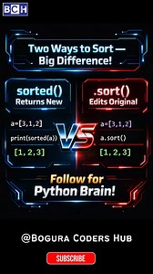Python Sorting Secret 😱 | sorted () vs .sort() in 30 Seconds | Two Ways to Shor Big Difference |Code Most Python devs mix these up! 😵 sorted() creates a new list, while .sort() changes the original one. In this quick Short, you’ll learn: ✅ When to use sorted() ✅ When .sort() is better ✅ A common mistake beginners make Watch till the end and upgrade your Python brain 🧠🔥 Follow for daily Python tips! #boguracodershub #python #programming #coding #pythontips #pythonshorts #learnpython #develope