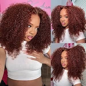 Julia Hair 12A Kinky Curly Reddish Brown Human Hair Wig13x4 HD Lace Front Cooper Red Curly Wigs for Black Women Auburn Brown Colored Glueless Lace Wig Pre Plucked with Baby Hair 180% 16 Inch