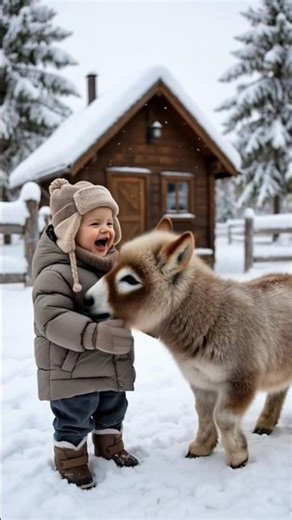 Cute Toddler Playing with Baby Donkey in Snow ❄️🫏 | Wholesome Winter Moment #Shorts