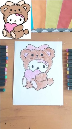 Aprende a Dibujar a Hello Kitty con su traje de osito🐻#Hellokitty #dibujoscreativos #arte
