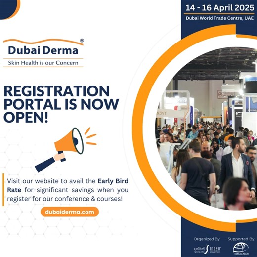 The wait is finally over! Registration for Dubai Derma 2025 is NOW OPEN. Join us from 14 - 16 April 2025 at Dubai World Trade Centre (DWTC), UAE. Register today to get the "Early Bird" offer! ➡️ dubaiderma.com l registration@dubaiderma.com l +971 4 520 8888 #DubaiDerma2025 #conference #registernow #dermatology #aesthetics #laser | Dubai World Dermatology & Laser Conference & Exhibition | Facebook