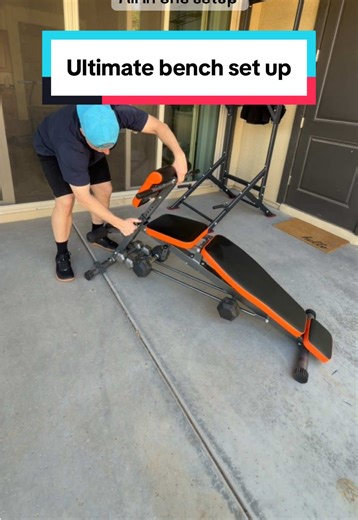 Optimum home gym set up a weight bench that includes preacher, curl back extension, abs, weight storage. A workout bench that has it all. #homegym #stressrelief #homegymideas #abworkout #homegymsetup