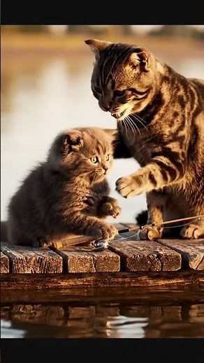 Adorable Mother Cat Teaches Baby Kitten How to Fish Like Humans