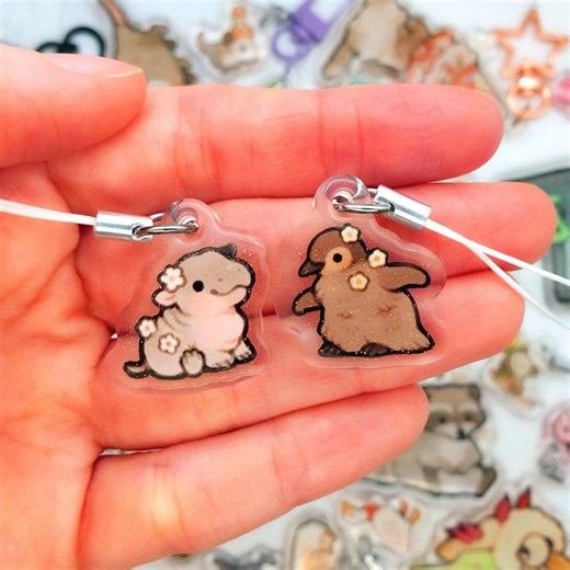 Mini Flower Hippo and Penguin Keychain Set / 1in Glitter Double-sided Acrylic Animal Charms / Cute Gift for Animal Lover - Etsy