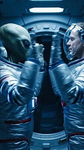 Alien and human high-five in bulky suits, triumphant after a flawless spacewalk.