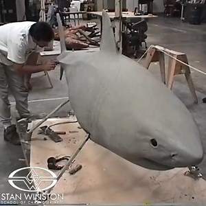 12-foot female Great White shark sculpture at Stan Winston Studio by Nick Marra. This beauty was the prey of the shark-like monster from Peter Benchley's Creature (performed by Brian Steele aka. CreatureBoy). Nick about his creation: "Being a shark "finatic". I was so excited to be tasked with creating this 12-foot female Great White. We had only 3 weeks to sculpt, cast, paint and mechanize this shark. Richard Landon headed up the mechanical side, I sculpted and painted the shark and Tony McRae 