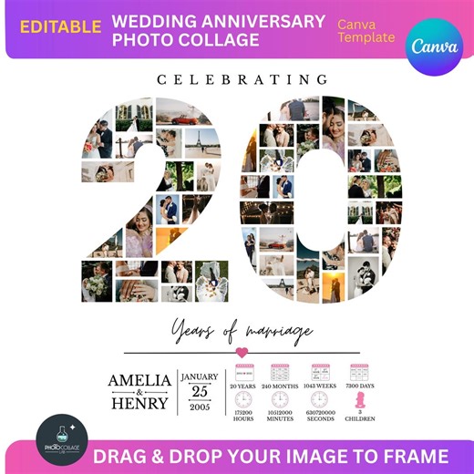20th Anniversary Photo Collage Canva Template: Marriage Memories (digital Download) - Etsy Canada