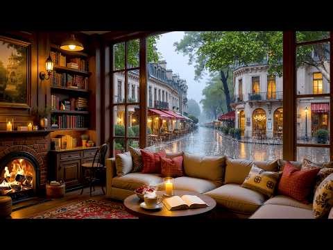 Peaceful European Street in the Rain | Relaxing Jazz Music & Fireplace Crackling for Work
