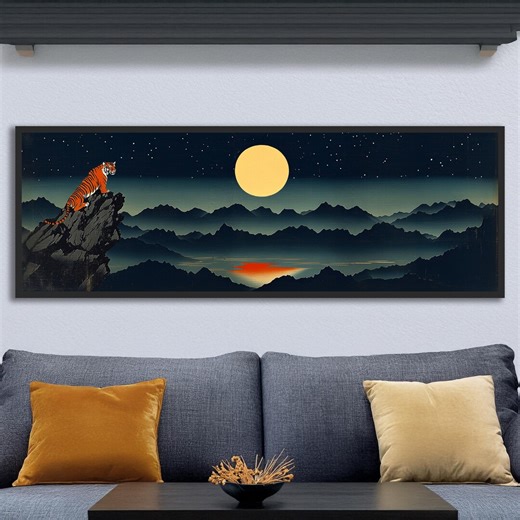 Tiger Full Moon Cliff Wall Art: Japanese Woodblock Style Print, Large Panoramic Asian Decor - Etsy