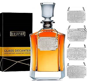 Whiskey Decanter With Label Tag - Bottle Metal Name Tags - Glass Airtight Stopper for Wine, Bourbon, Brandy, Juice, Water - Decanter Sets For Men Christmas Gifts for Dad Boyfriend Husband Him - 24 oz