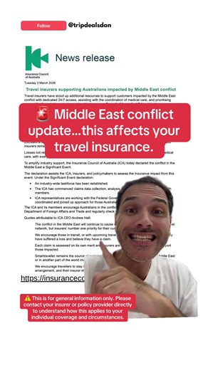 🚨 TRAVEL INSURANCE UPDATE 🚨 3 March 2026 Following the Middle East conflict, Australian travel insurers are stepping up support for impacted travellers. Here’s what you need to know 👇 ✅ Some insurers are extending policy coverage dates due to airport & airspace closures ✅ 24/7 support is available for affected customers ✅ You can still lodge a claim — even if you’re unsure about your coverage ✅ Non-war related claims (like medical) are still assessed individually ⚠️ War & conflict exclusions