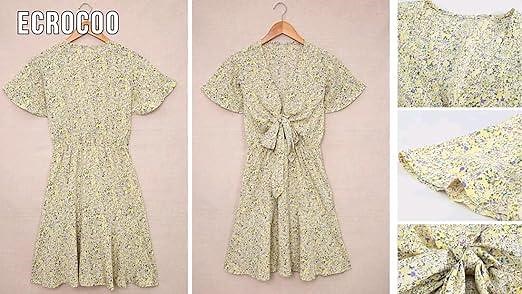 Ecrocoo Womens  V Neck Short Sleeve Boho Floral Mini Dress
