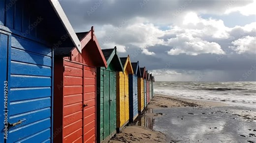 Colorful beach huts line the shoreline as waves crash against the sandy beach under a cloudy sky.