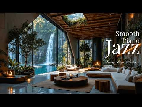 Smooth Piano Jazz With Waterfall View Living Room | Nature Ambience For Work, Relax