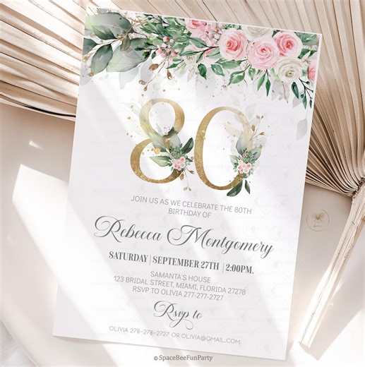 80th Birthday Invitation Editable Elegant Floral Eighty Year Old Brunch Invitation 80th Birthday Invite for Her Adult Birthday Template A1 - Etsy