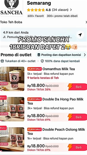 Buruan beli sebelum kehabisan vouchernya guyss, klik tag lokasi di atas ya guys😍 #promomakanharian #sancha #sanchaartisanmilktea