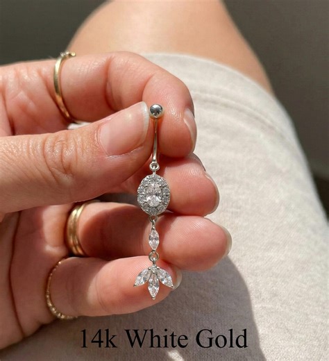 14k Solid Gold Dangle Belly Button Ring, Oval Halo & Leaf Drop Navel Piercing - Etsy