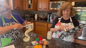 Cheesy Mashed Potato Puffs 2 cups mashed potatoes (leftovers work great) 1 cup shredded cheddar cheese 1/4 cup milk 2 large eggs 1/4 cup all purpose flour 1/4 tsp garlic powder 1/4 tsp onion powder 1/4 tsp salt 1/8 tsp ground pepper 2 T chopped chives nonstick cooking spray 1. Preheat oven to 400. 2. Grease muffin tin with nonstick cooking spray or line with silicone muffin cups. 3. In a large mixing bowl, combine the mashed potatoes, shredded cheddar cheese, milk, eggs and flour. 4. Add garlic 