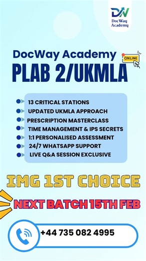 DW ACADEMY | PLAB 2-UKMLA on Instagram: "Master PLAB 2 Core Skills From Home with DocWay Academy Are you tired of trying to memorize scripts that fall apart under pressure? It’s time to learn the real PLAB 2 strategy trusted by top scorers. At DocWay Academy, we help you master skills—not scripts—so you can walk into your exam confident, structured, and exam-ready. 🔥 What You’ll Master: 🎯 13 Critical Stations (covers 80% of the exam!) 👤 15-min Personalized 1:1 Feedback 🧠 Updated GMC Approach