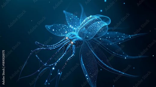 Glowing deep sea jellyfish drifting in dark blue water with bioluminescent light and futuristic underwater mood