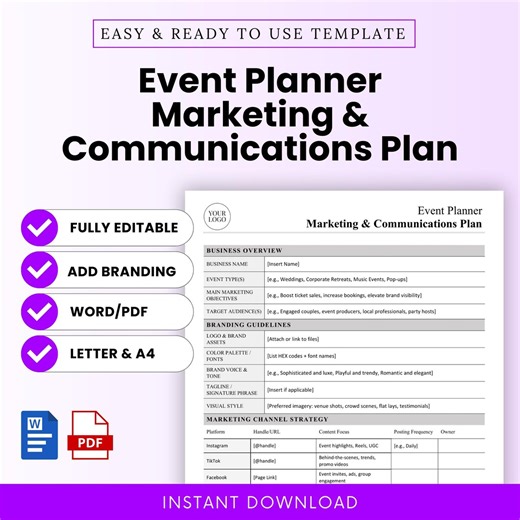 Event Planner Marketing and Communications Plan Template – Word & PDF, A4   US Letter - Etsy