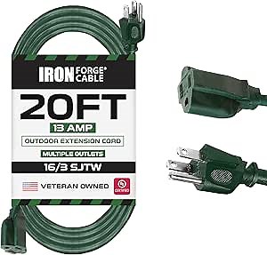 Iron Forge Cable 20 Foot Outdoor Extension Cord, 16/3 Green 20 Foot Extension Cord Indoor/Outdoor Use, 3 Prong, Weatherproof Jacket, Great for Gardens, Landscaping, Lawn Mower and More