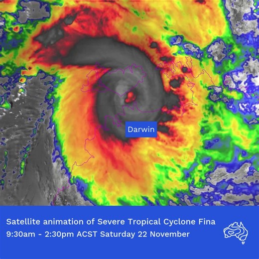 Severe Tropical Cyclone Fina continues to move over waters between Darwin and the Tiwi Islands. As of 2:30pm Saturday ACST, Fina is currently a severe category 3 cyclone. One defining feature of cyclones that reach severe category 3 and above is that winds wrapping around the centre of the system can become organised enough to form an eye. This satellite imagery shows an eye forming over the water, indicating that Fina continues to intensify. A Tropical Cyclone Warning remains in place for commu