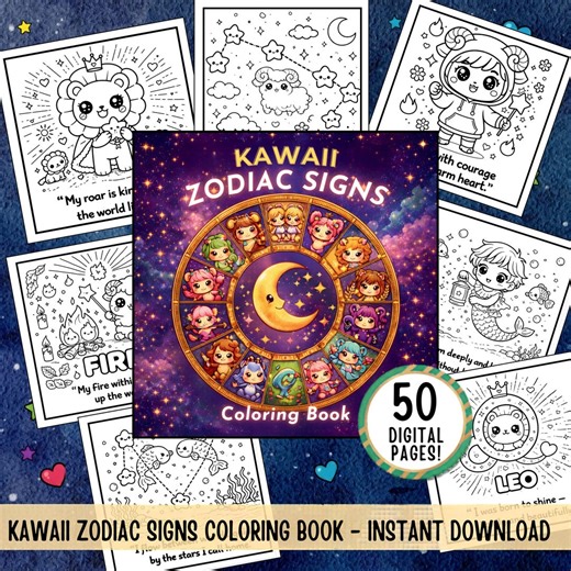 Kawaii Zodiac Signs Coloring Book Printable | All 12 Star Signs , 50 Pages | Astrology Coloring Pages for Adults Teens | Instant Download - Etsy