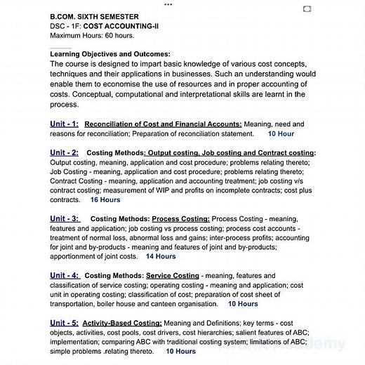 Syllabus of B.Com. 6 semester Cost Accounting II | B.com. CBCS Syllabus