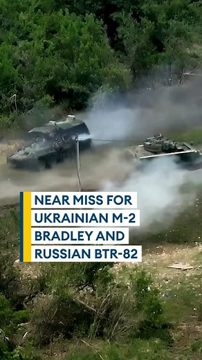 25K views · 174 reactions | This video appears to show a Ukrainian M2 Bradley as it faces a Russian BTR-82 armoured personnel carrier head on The two vehicles fire at and pass within inches of each other. The BTR-82 appears to suffer heavy damage  Watch here  #Ukraine #Ukrainewar #war #conflict #Russia #M2Bradley #BTR82 #Zelensky #Kyiv #forcesnews #news #journalism | Forces News | Facebook