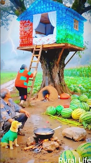 An elderly couple cooking outdoors using an open fire and a cauldron in a rural setting #rurallife