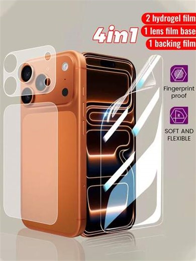 [4-In-1] Hydrogel Screen Protector For IPhone 17 Pro/17 Pro Max, With HD Clarity And Scratch Protection, Featuring Fingerprint-Resistant Nano Coating + Matte Base Camera Lens Film, Durable Film, Scratch-Resistant, Won't Affect Cases + Phone Back Protector, Curved Edges, Tight Fit, No Dust | SHEIN