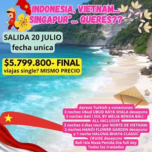INDONESIA Y VIETNAM...... Y SINGAPUR!!! QUERES?? SALIDA 20 JULIO 11 NOCHES / 14 DIAS Incluye: Aereos Turkish y conexiones 3 noches Ubud UBUD RAYA SHALA desayuno 5 noches Bali i SOL BY MELIA BENOA BALI - ALL INCLUSIVE 3 noches 4 dias tour por NORTE DE VIETNAM: 2 noches HANÓI FLOWER GARDEN desayuno y 1 noche HALONG BHAYA CLASSIC CRUISE desayuno Bali Isla Nusa Penida Dia full day Todos los traslados MISMO PRECIO SINGLE! $5 799 800 - FINAL. Tarifa por persona en base doble triple. TARIFA Y LUGARES S