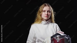 Beautiful Tired Woman Fencer Putting Mask On Face And Keeping Training, Motivated Sportswoman