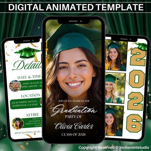 Modern Green Graduation Invitation 2026, Animated Multiple Photo Graduation Party Evite, Digital College Ceremony Announcement Design - Etsy