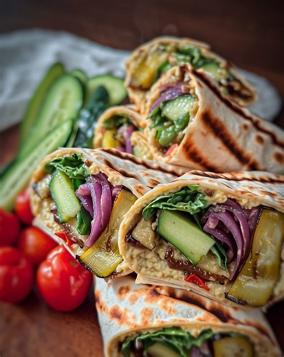Grilled Vegetable Hummus Wraps 🌯🥗 Discover a delightful fusion of flavors in these Grilled Vegetable Hummus Wraps! Packed with vibrant veggies and creamy hummus, they make a perfect meal or snack. 🌈✨ Ingredients: - 1 large zucchini, sliced - 1 red bell pepper, sliced - 1 yellow bell pepper, sliced - 1 medium eggplant, sliced - 2 tablespoons olive oil - Salt and pepper to taste - 4 whole wheat tortillas - 1 cup hummus - 1 cup fresh spinach - 1 teaspoon garlic powder - 1 teaspoon smoked paprika