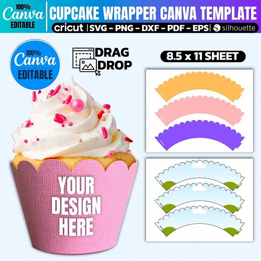 Cupcake Wrapper Template, Canva Editable Cupcake Wrapper Template, Cricut Cupcake Wrapper Svg, Party Favors, Wedding Cupcake Wrapper - Etsy