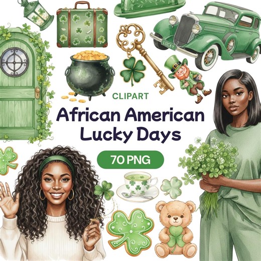 African American St. Patrick's Day Clipart, 70 Lucky Days PNG, Black Melanin Shamrocks Graphics, Green Holiday People Illustration Art - Etsy