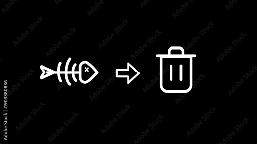 A fish bone icon pointing toward a trash bin represents the disposal of biological waste or the environmental effort to remove plastic pollution and debris from aquatic ecosystems